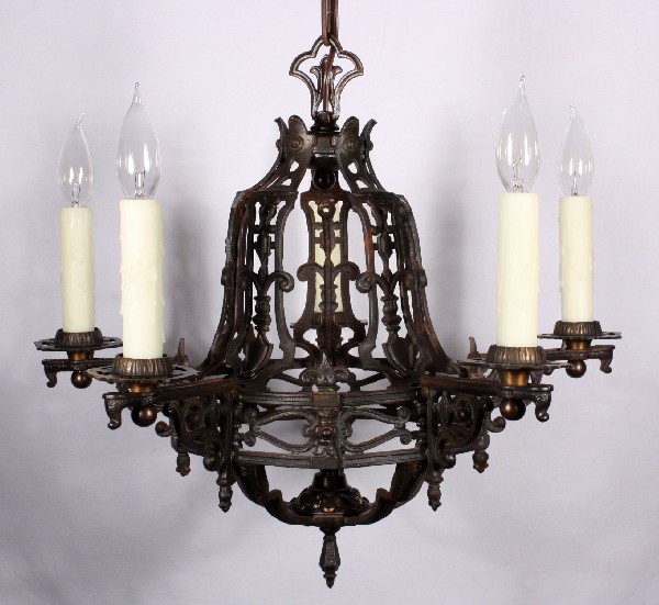 SOLD Fabulous Antique Tudor Cast Iron Five-Light Chandelier, Fleur-de-Lis-17616