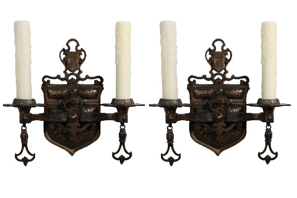SOLD Superb Pair of Antique Cast Bronze Double-Arm Tudor Sconces, Matching Chandelier Available-0