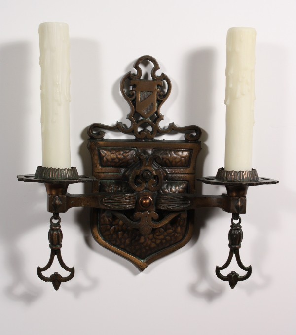 SOLD Superb Pair of Antique Cast Bronze Double-Arm Tudor Sconces, Matching Chandelier Available-17647