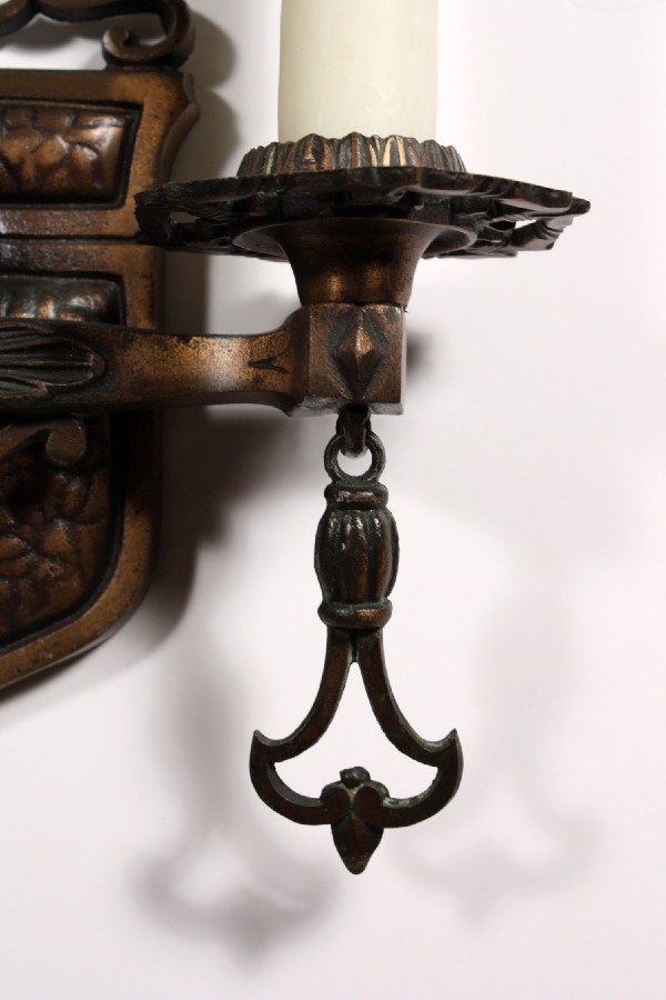 SOLD Superb Pair of Antique Cast Bronze Double-Arm Tudor Sconces, Matching Chandelier Available-17648