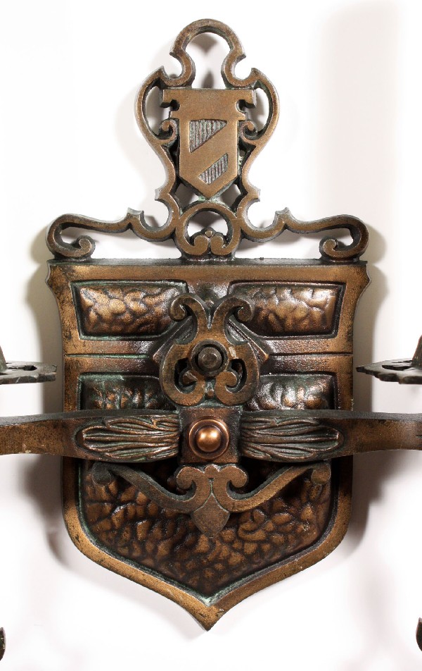 SOLD Superb Pair of Antique Cast Bronze Double-Arm Tudor Sconces, Matching Chandelier Available-17651