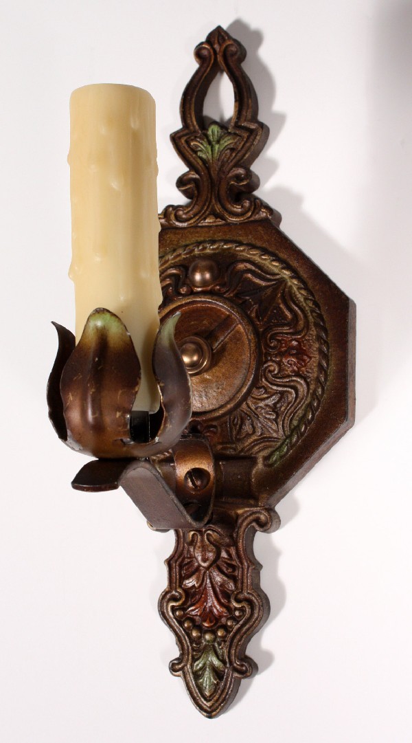 SOLD Delightful Pair of Antique Cast Iron Moe Bridges Sconces, Original Polychrome Finish-17662