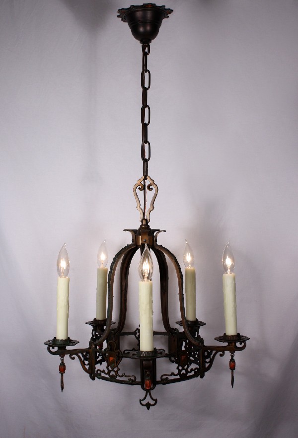 SOLD Amazing Antique Bronze Five-Light Tudor Chandelier, Matching Sconces Available-0