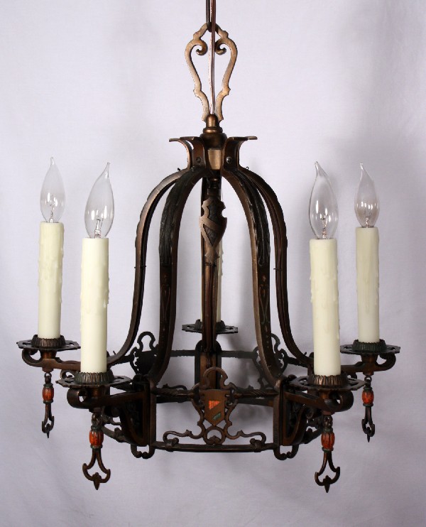 SOLD Amazing Antique Bronze Five-Light Tudor Chandelier, Matching Sconces Available-17693