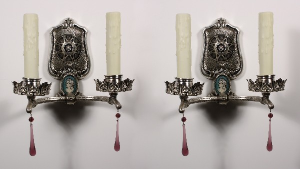SOLD Gorgeous Pair of Antique Neoclassical Figural Double-Arm Sconces with Cameos, Silver Plated-0