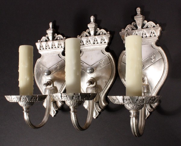 SOLD Three Matching Antique English Tudor Silver Plated Sconces, Single-Arm-0