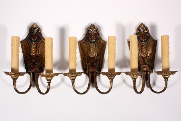 SOLD Three Matching Antique Spanish Revival Bronze Double-Arm Sconces-0