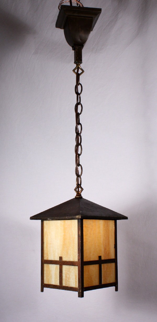 SOLD Fabulous Antique Brass Arts & Crafts Lantern Pendant Light, Original Amber Slag Glass-17788