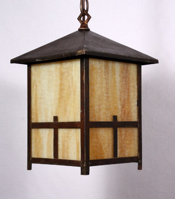 SOLD Fabulous Antique Brass Arts & Crafts Lantern Pendant Light, Original Amber Slag Glass-17789