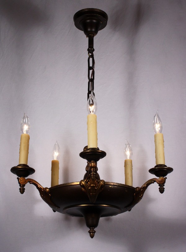 SOLD Marvelous Antique Colonial Five-Light Brass Pan Fixture-17818