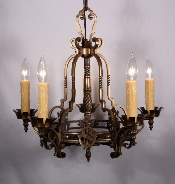 SOLD Handsome Antique Five-Light Cast Bronze Spanish Revival Chandelier-0