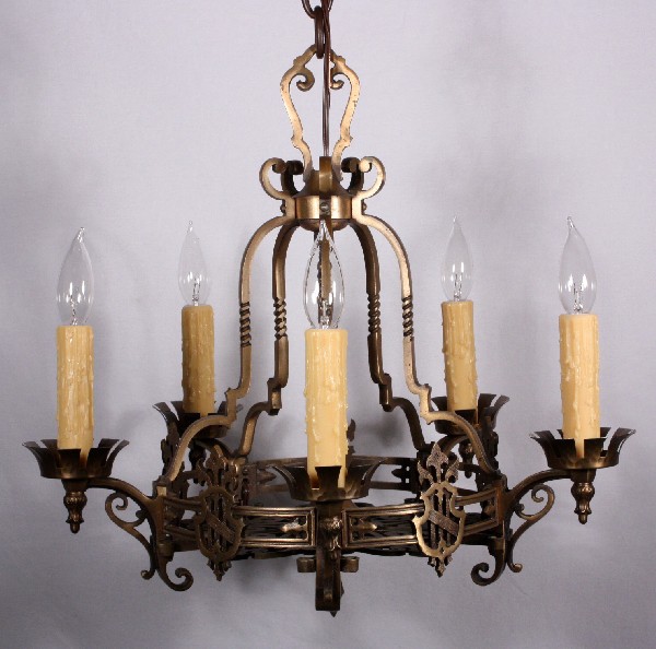 SOLD Handsome Antique Five-Light Cast Bronze Spanish Revival Chandelier-17832
