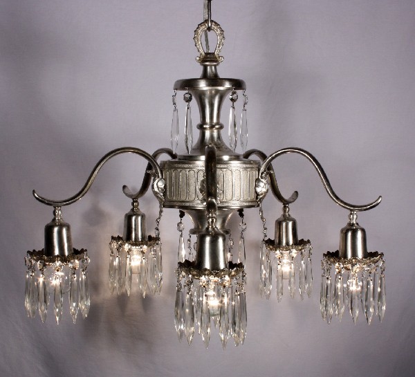 SOLD Stunning Antique Neoclassical Five-Light Silver Plated Chandelier with Prisms, c. 1910-0