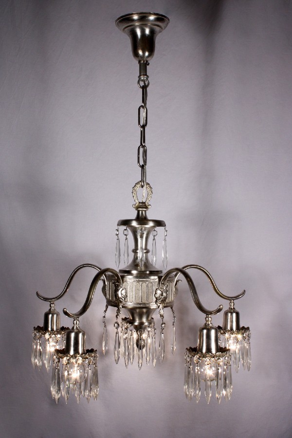 SOLD Stunning Antique Neoclassical Five-Light Silver Plated Chandelier with Prisms, c. 1910-17835