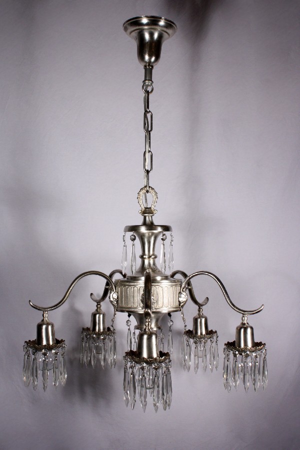 SOLD Stunning Antique Neoclassical Five-Light Silver Plated Chandelier with Prisms, c. 1910-17840