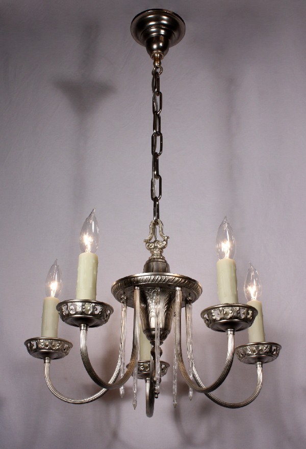 SOLD Elegant Antique Five-Light Silver Plated Chandelier with Hand-Blown Prisms, Signed Williamson-0