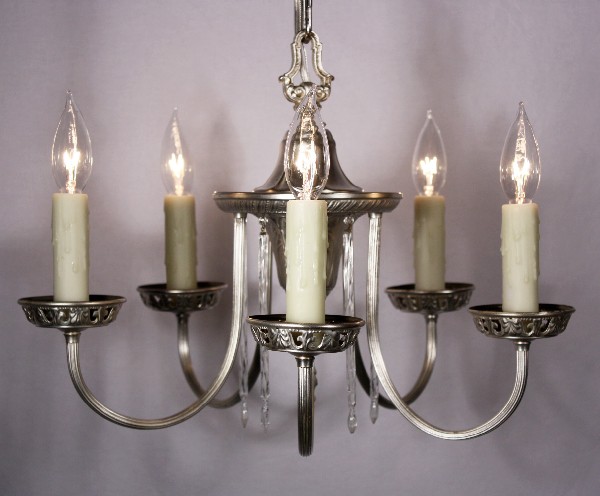 SOLD Elegant Antique Five-Light Silver Plated Chandelier with Hand-Blown Prisms, Signed Williamson-17879