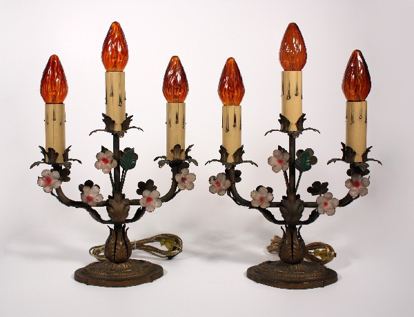SOLD Amazing Pair of Antique Iron Lamps with Flowers & Leaves, Original Polychrome Finish-0