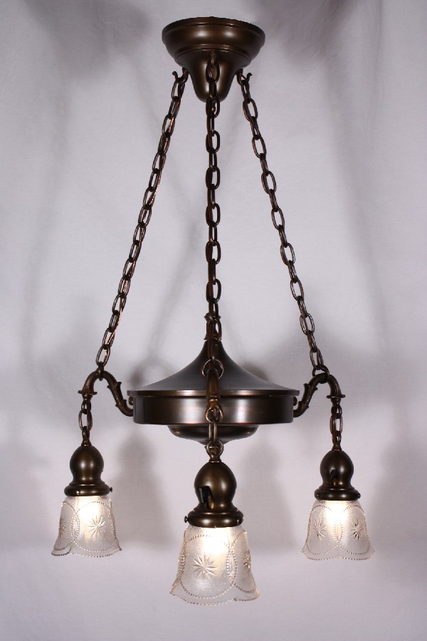 SOLD Fabulous Antique Three-Light Brass Chandelier with Starburst Shades-0