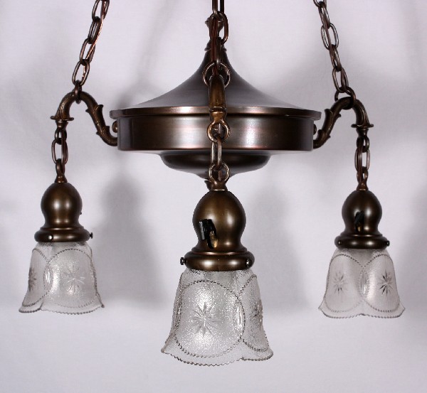 SOLD Fabulous Antique Three-Light Brass Chandelier with Starburst Shades-17944