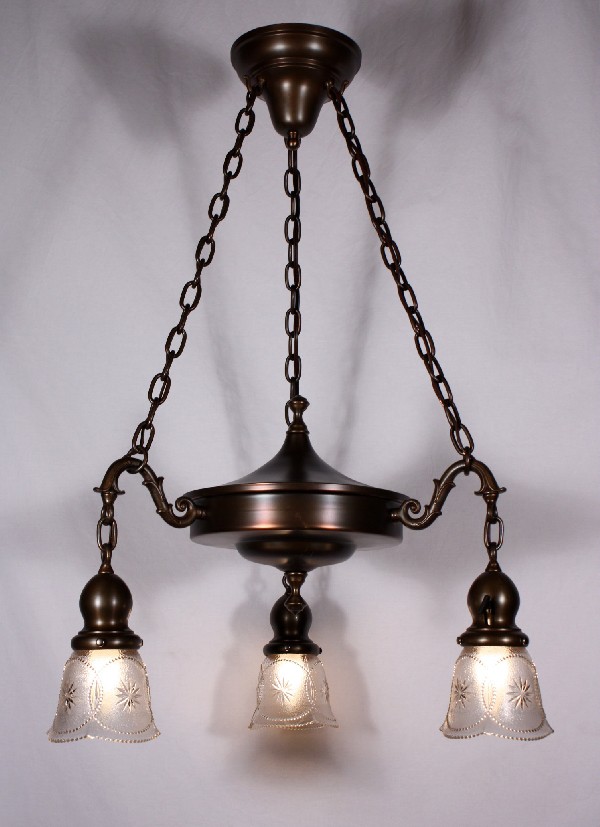 SOLD Fabulous Antique Three-Light Brass Chandelier with Starburst Shades-17948