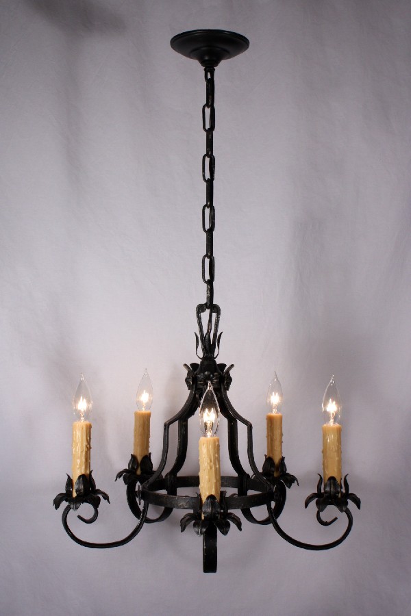 SOLD Striking Antique Five-Light Iron Chandelier-17959