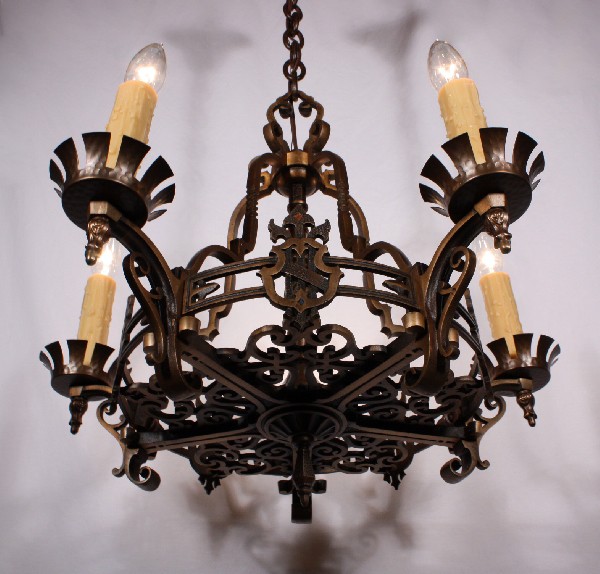 SOLD Striking Antique Five-Light Cast Bronze Spanish Revival Chandelier-0