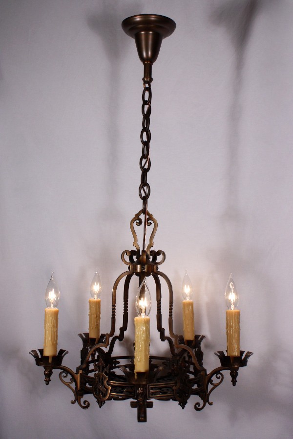 SOLD Striking Antique Five-Light Cast Bronze Spanish Revival Chandelier-18005