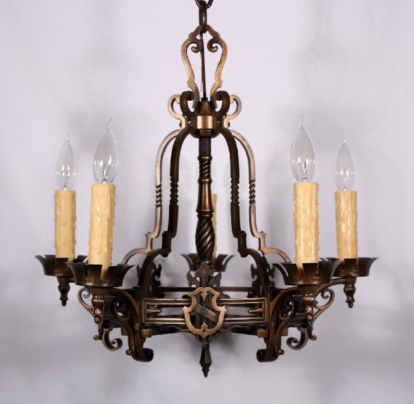 SOLD Striking Antique Five-Light Cast Bronze Spanish Revival Chandelier-18010