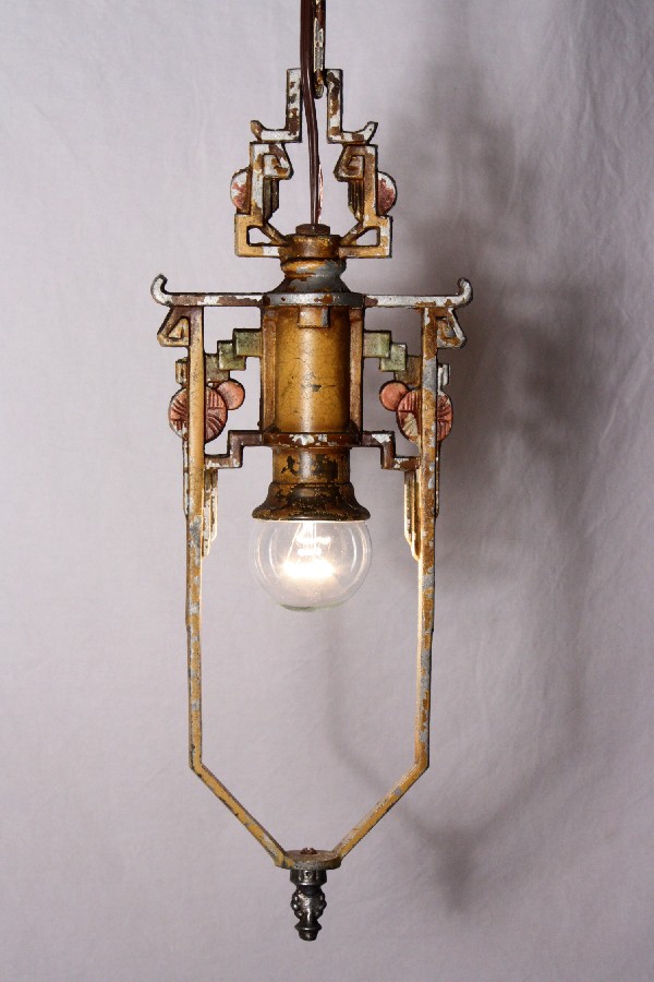 SOLD Delightful Antique Art Deco One-Light Chandelier, Original Polychrome Finish-0
