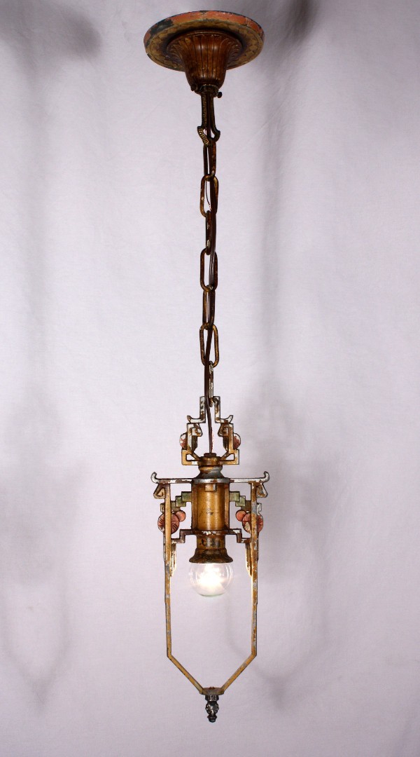 SOLD Delightful Antique Art Deco One-Light Chandelier, Original Polychrome Finish-18020