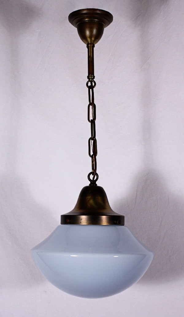 SOLD Unusual Antique Schoolhouse Pendant Light with Blue Tinted Milk Glass Shade-0