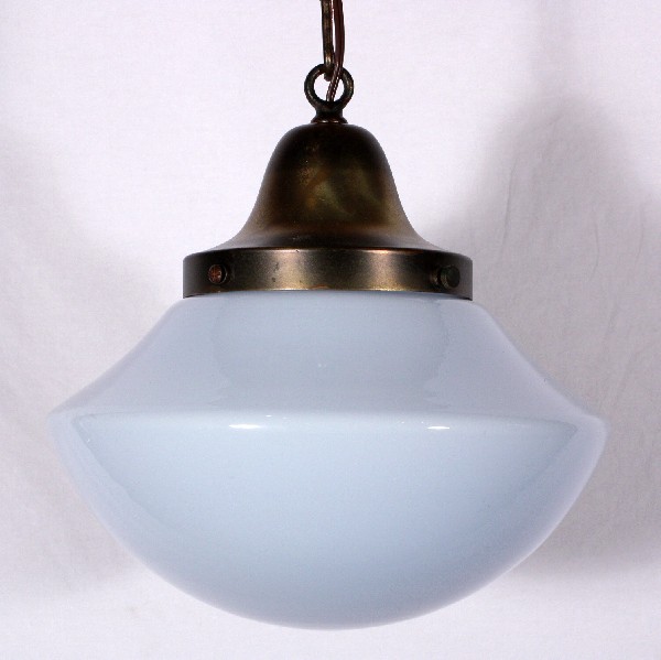 SOLD Unusual Antique Schoolhouse Pendant Light with Blue Tinted Milk Glass Shade-18044