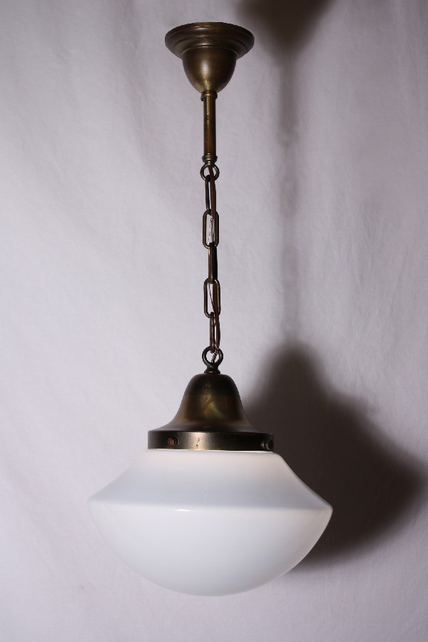 SOLD Unusual Antique Schoolhouse Pendant Light with Blue Tinted Milk Glass Shade-18045