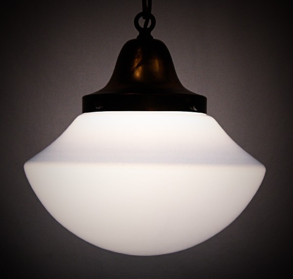 SOLD Unusual Antique Schoolhouse Pendant Light with Blue Tinted Milk Glass Shade-18048