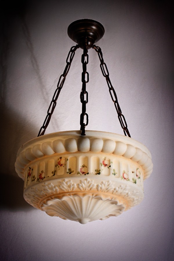 SOLD Beautiful Antique Neoclassical Three-Light Inverted Dome Chandelier, Hand Painted-0