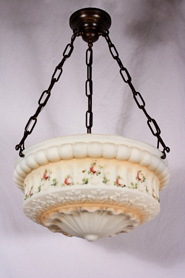 SOLD Beautiful Antique Neoclassical Three-Light Inverted Dome Chandelier, Hand Painted-18055