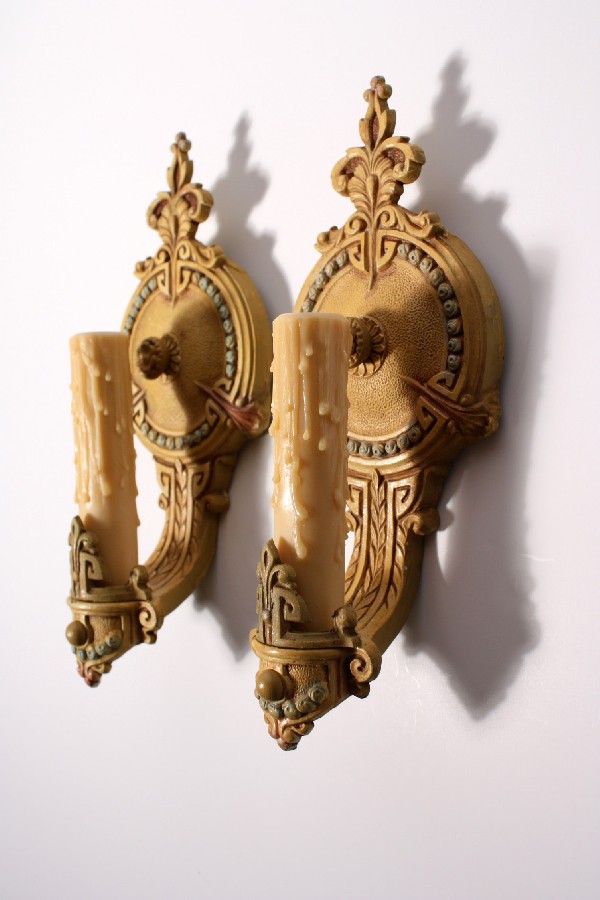SOLD Charming Pair of Antique Single-Arm Sconces, Original Polychrome Finish, Signed L. & M. Co.-18065