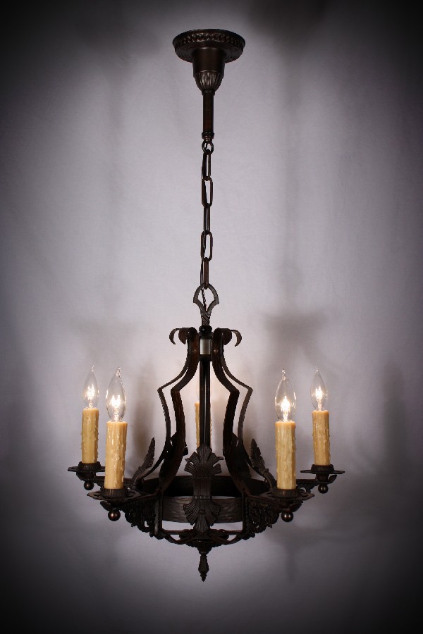SOLD Splendid Antique Five-Light Iron Chandelier-18100
