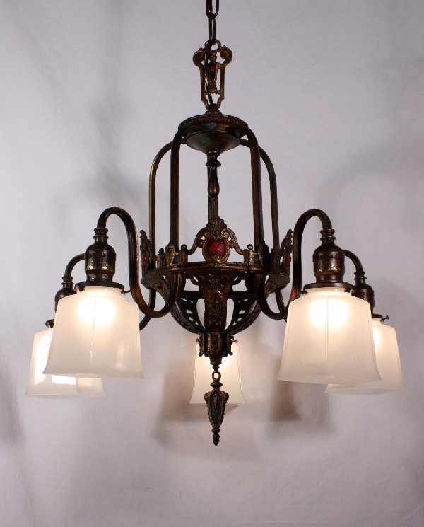 SOLD Magnificent Antique Five-Light Bronze Chandelier with Red and Blue Polychrome Accents-0