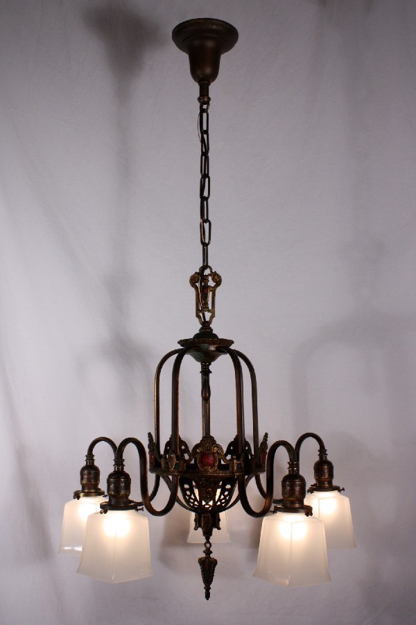 SOLD Magnificent Antique Five-Light Bronze Chandelier with Red and Blue Polychrome Accents-18130