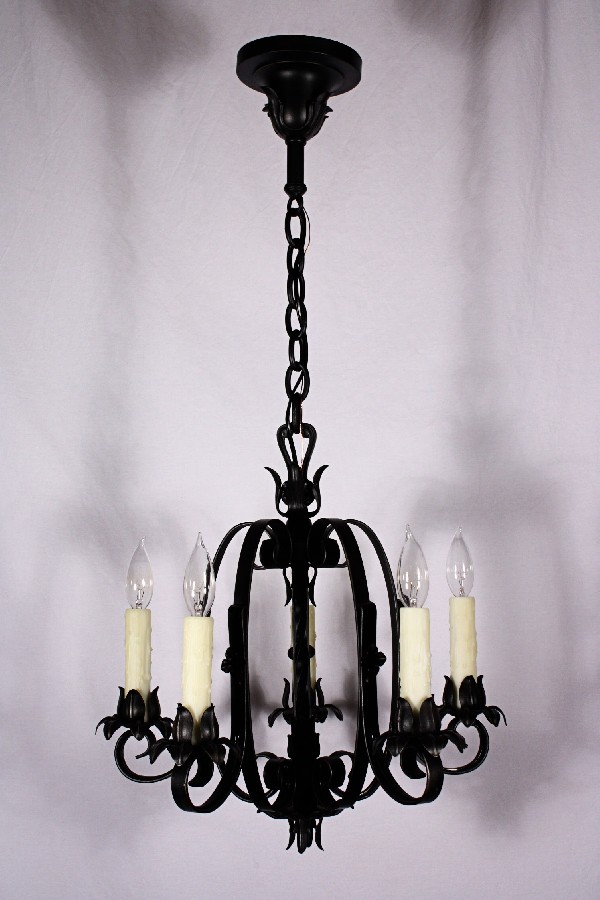 SOLD Handsome Antique Five-Light Iron Chandelier, Spanish Revival-18169