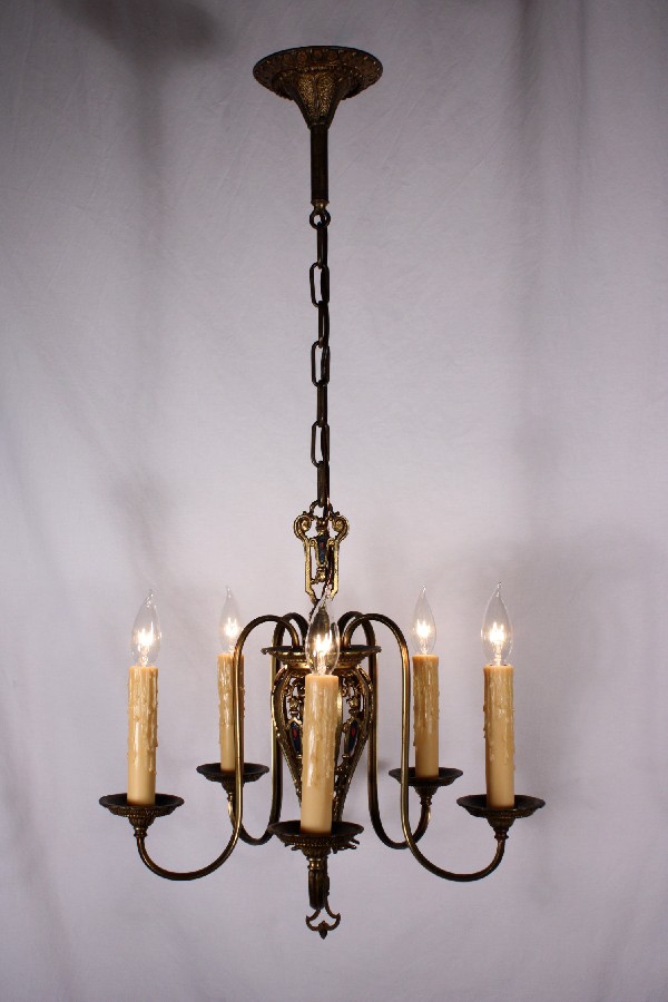 SOLD Splendid Antique Five-Light Cast Bronze Chandelier with Shield Motif-18138