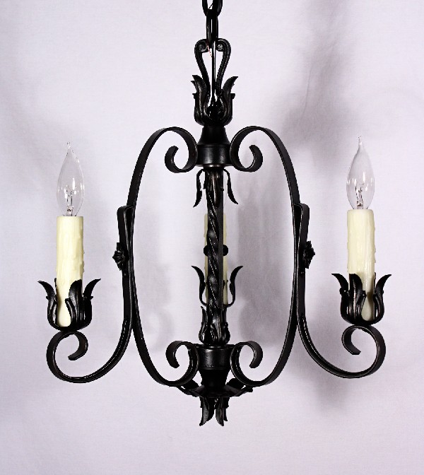 SOLD Handsome Antique Spanish Revival Three-Light Iron Chandelier-18197