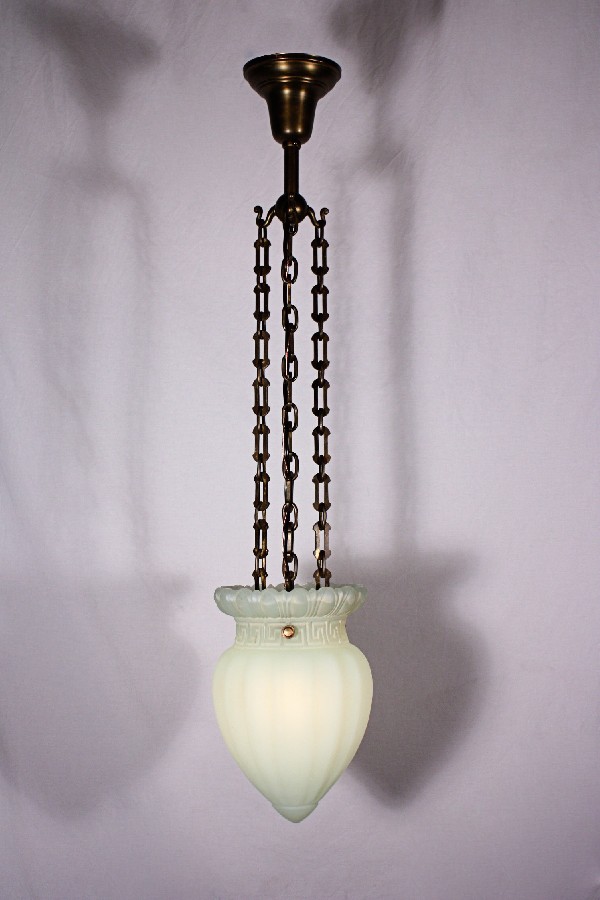 SOLD Remarkable Antique Neoclassical Chandelier with Original Opaline Shade, Greek Key-0