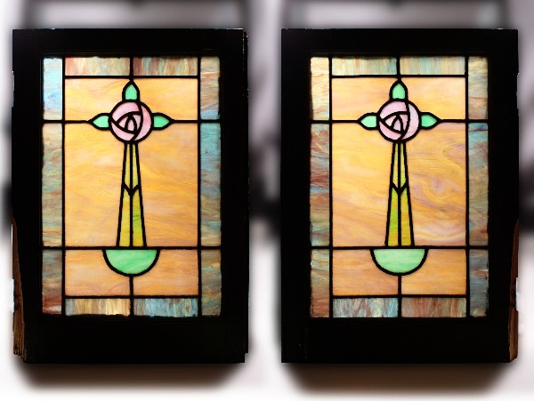 SOLD Matching Pair of Antique American Arts & Crafts Stained Glass Windows, Roses-0