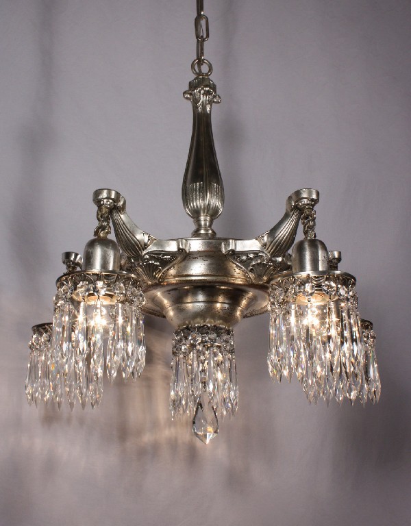 SOLD Stunning Antique Neoclassical Five-Light Silver Plated Chandelier with Prisms, c. 1910-0