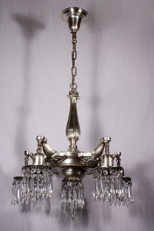 SOLD Stunning Antique Neoclassical Five-Light Silver Plated Chandelier with Prisms, c. 1910-18318