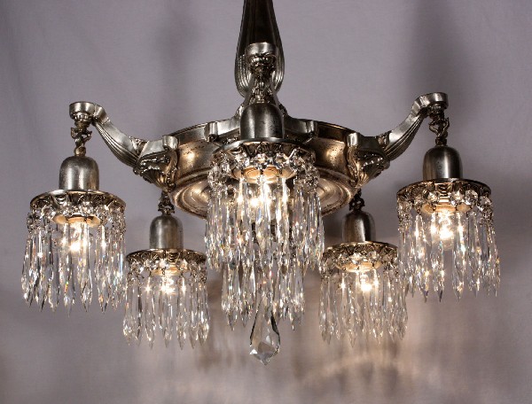SOLD Stunning Antique Neoclassical Five-Light Silver Plated Chandelier with Prisms, c. 1910-18323
