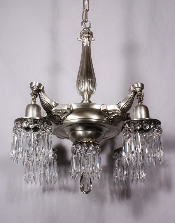 SOLD Spectacular Antique Neoclassical Four-Light Silver Plated Chandelier with Prisms, c. 1910-0
